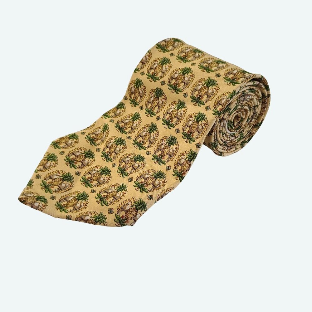 Salvatore‎ Ferragamo Men's Silk Tie Yellow Pineapple Print Made In Italy